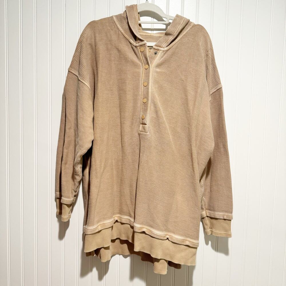 Aerie Tan Ribbed Snap Button Hooded Pullover Size Large - Picture 2 of 7